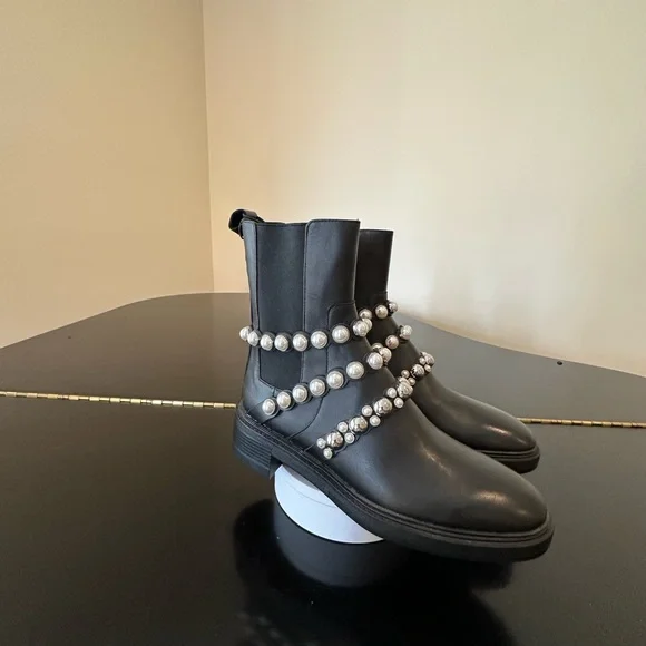 NWT RARE Luxury Winter Minimalist Zara Pearl Strap Genuine Leather Ankle Boots - Picture 11 of 17